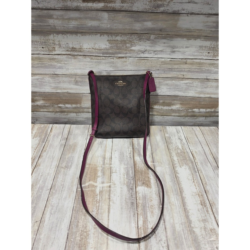 Coach North‎ South Crossbody Bag Signature Canvas Brown Magenta  File Purse